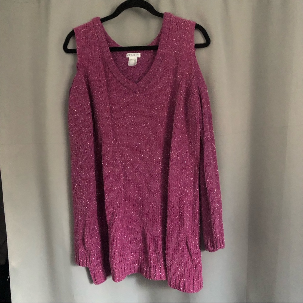 Women's Magenta Cold Shoulder Sweater, XL